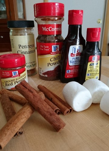 Hot chocolate ingredients: Spices, cinnamon sticks.